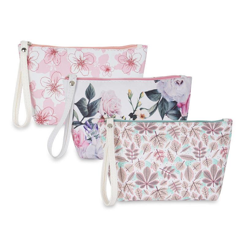 pu floral print makeup pouch for women, pack of 3