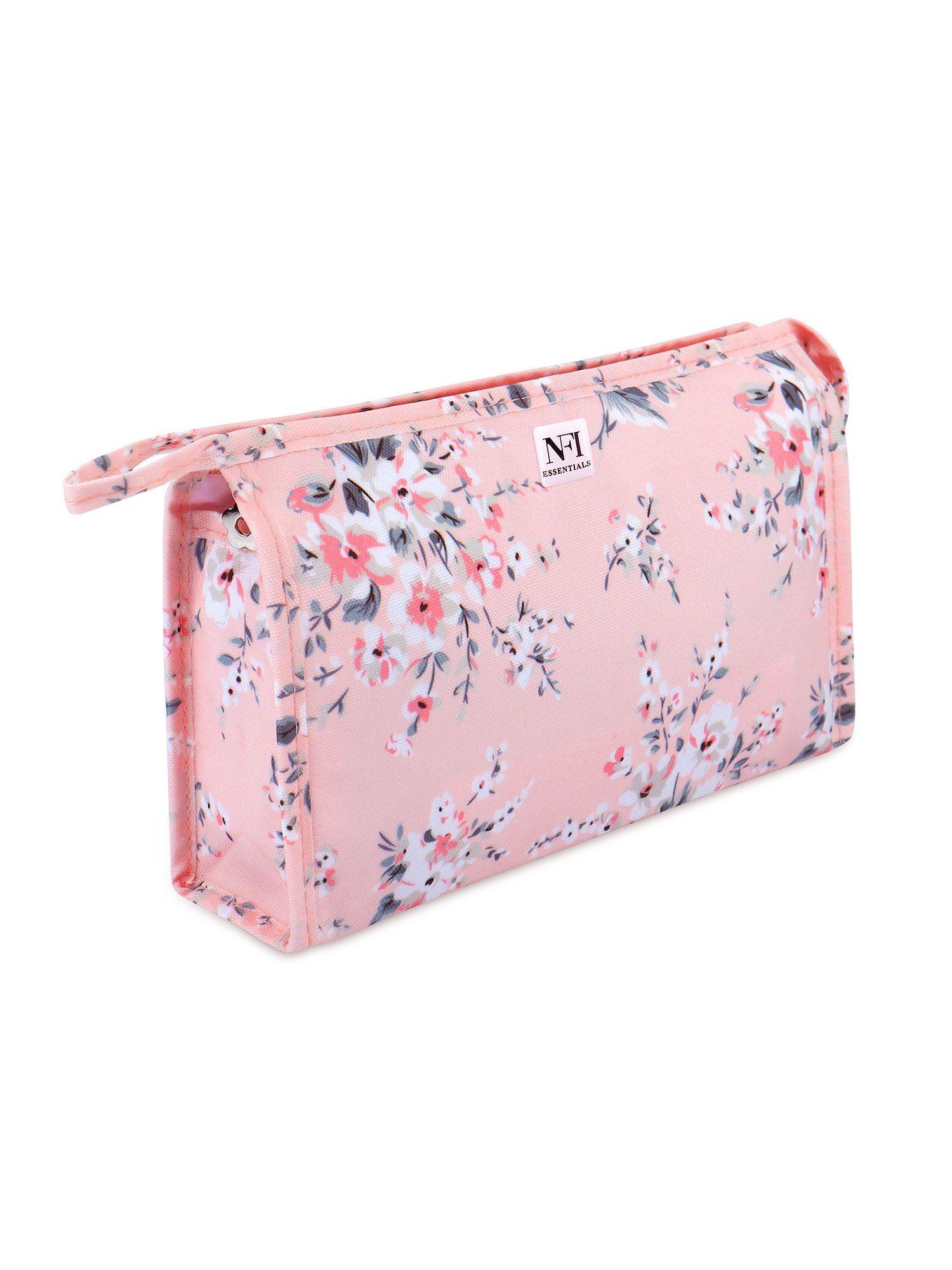 pu floral print makeup pouch for women pink