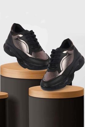 pu lace up women's sports shoes - black