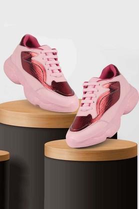 pu lace up women's sports shoes - pink