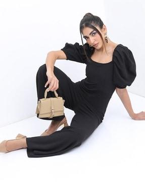 puff-sleeve square-neck jumpsuit