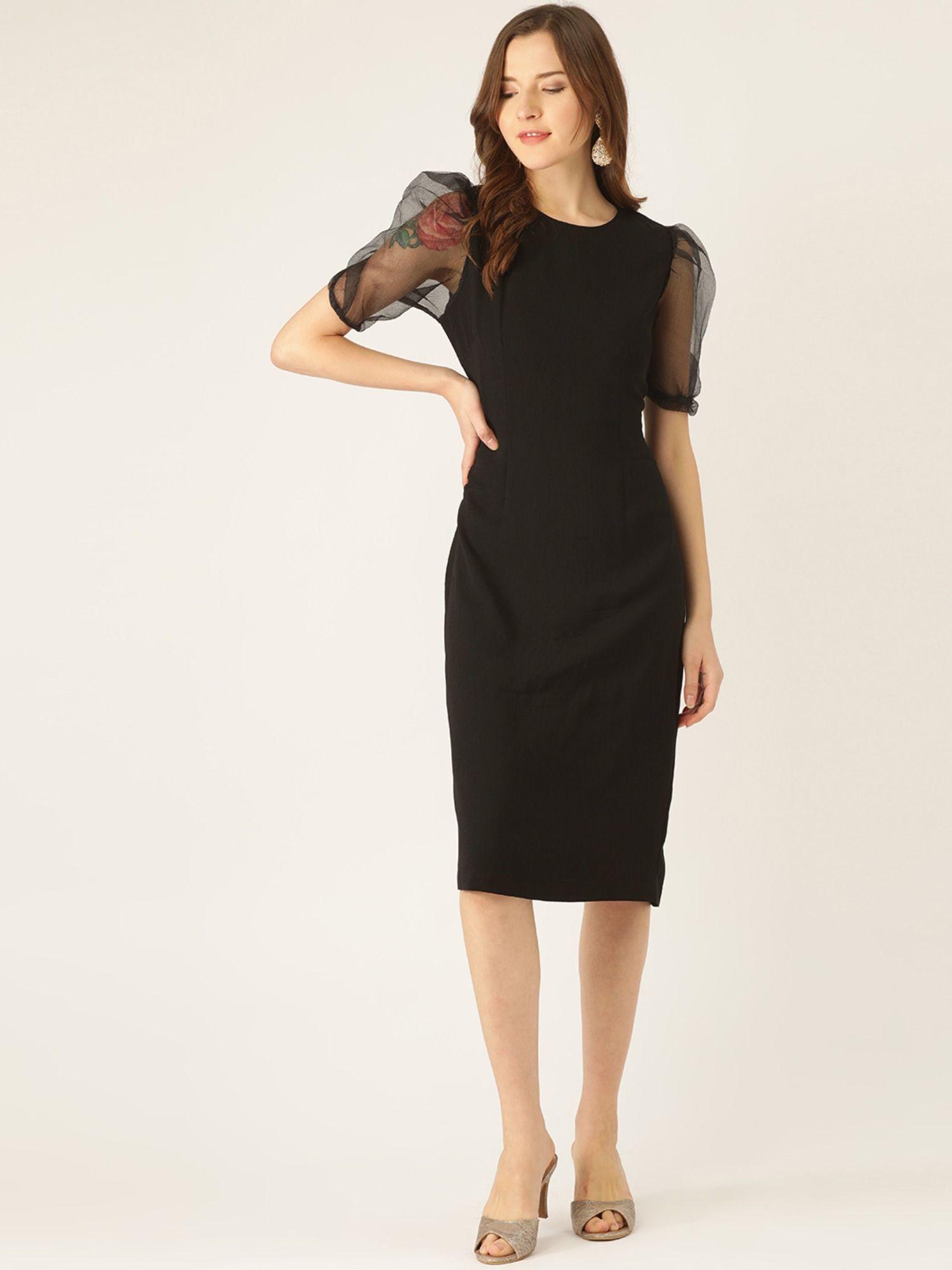 puff sleeve black bodycon dress knitted