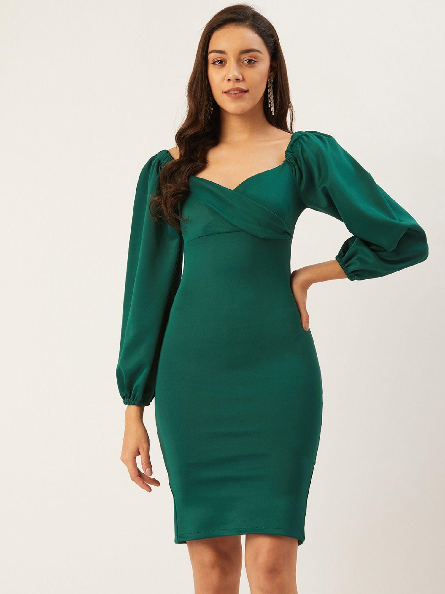 puff sleeve bodycon green dress