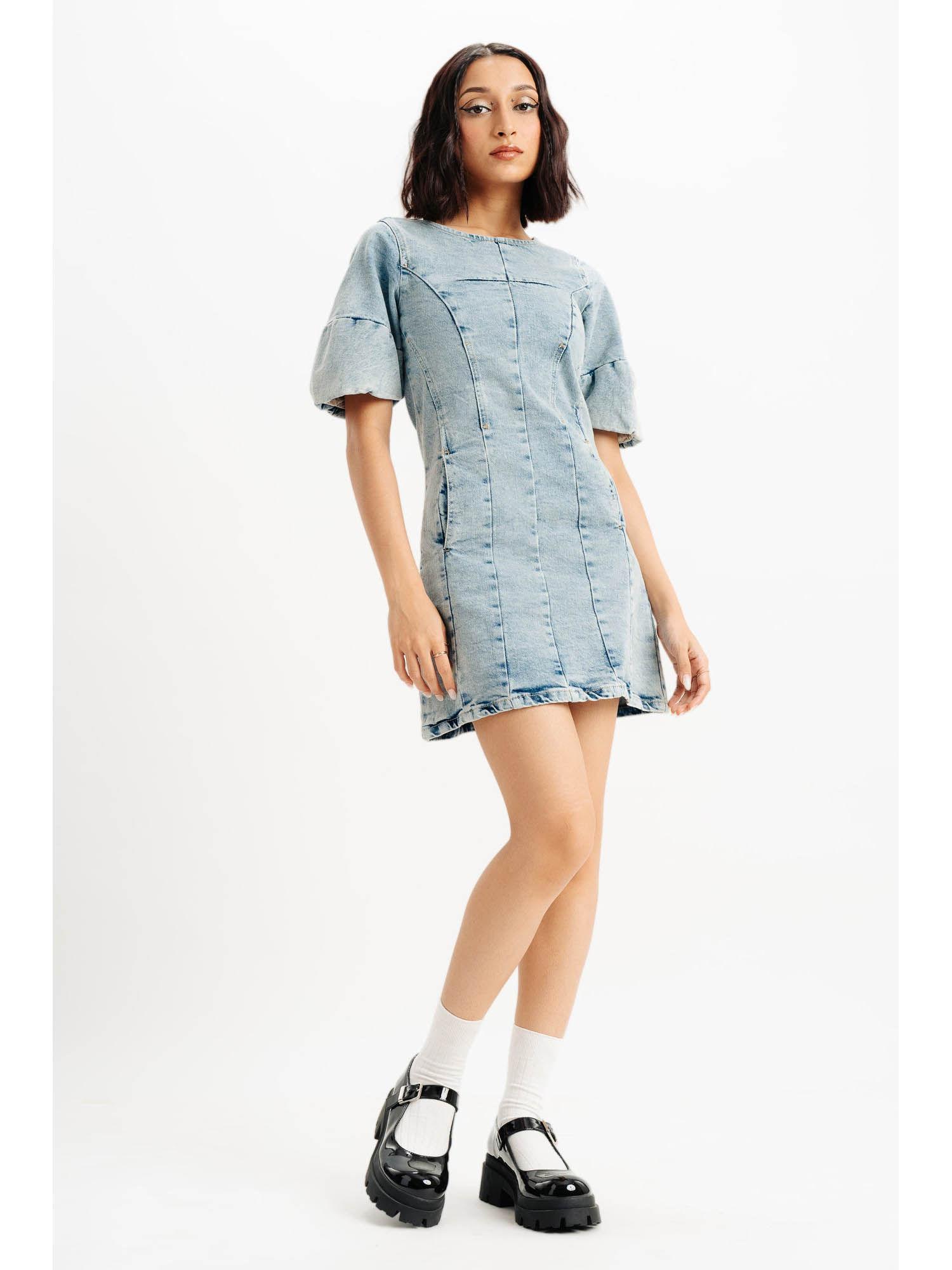 puff sleeve denim dress