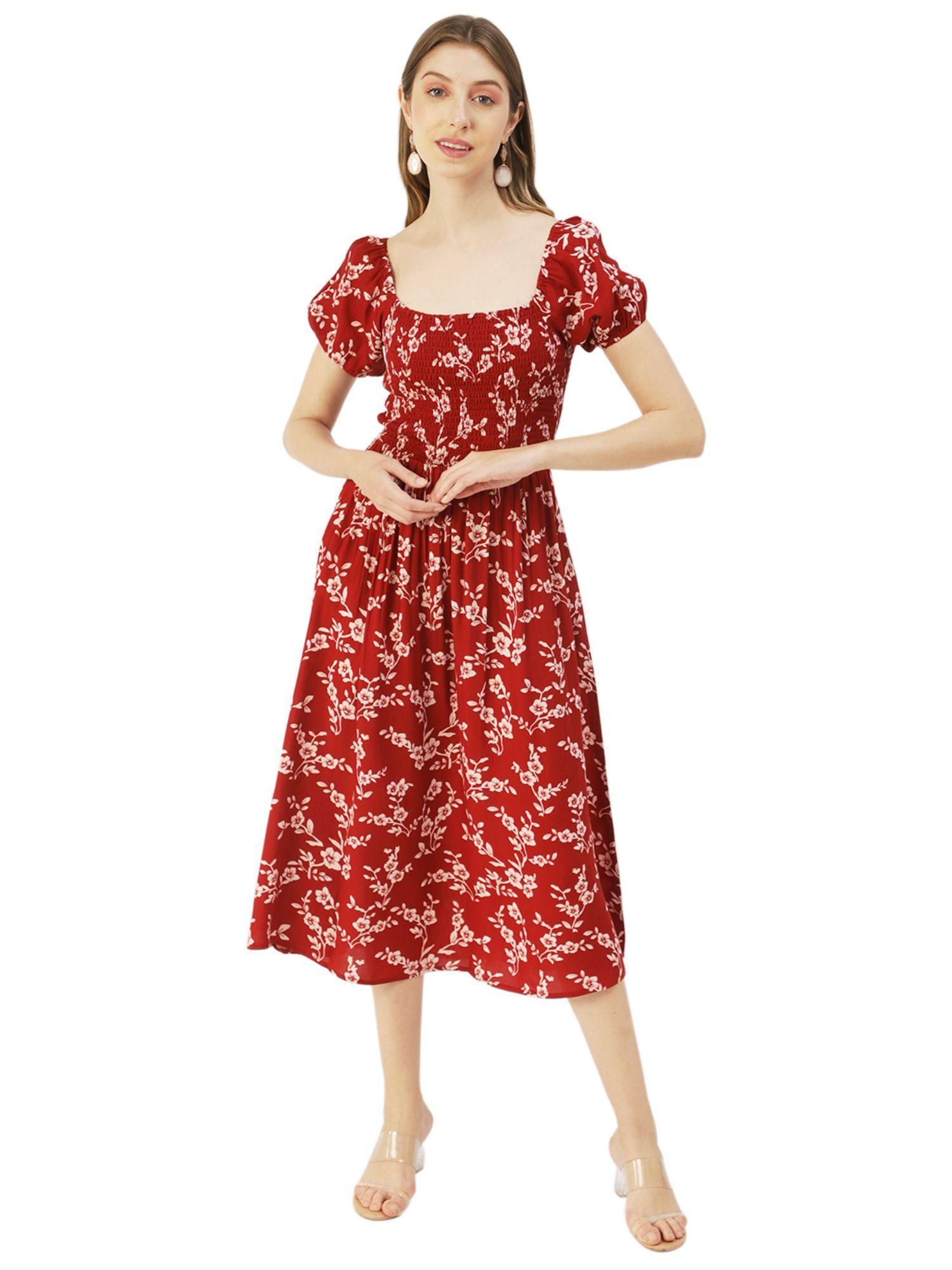 puff sleeve midi printed viscose dress