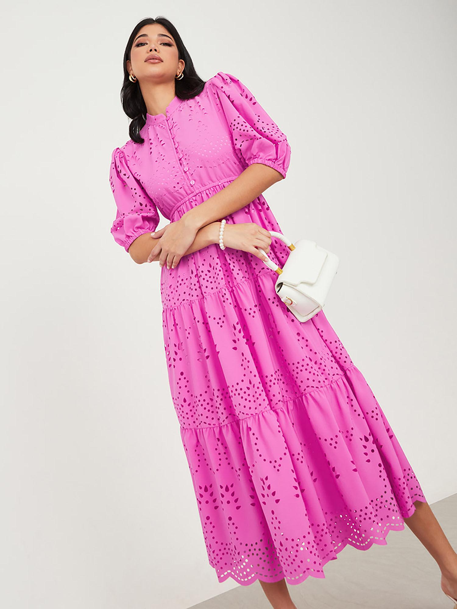 puff sleeve self design a-line midi dress