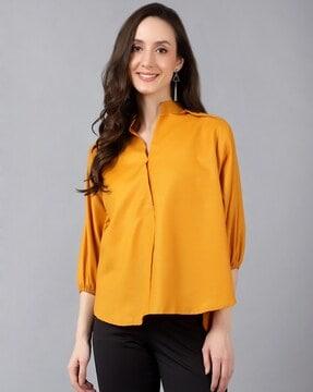 puff sleeves band-collar shirt