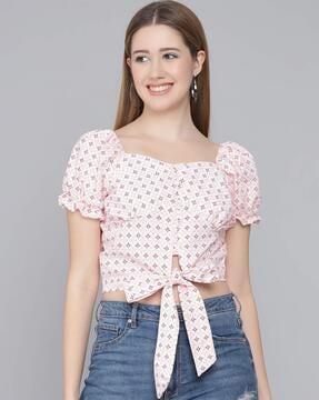 puff sleeves printed top with front knot
