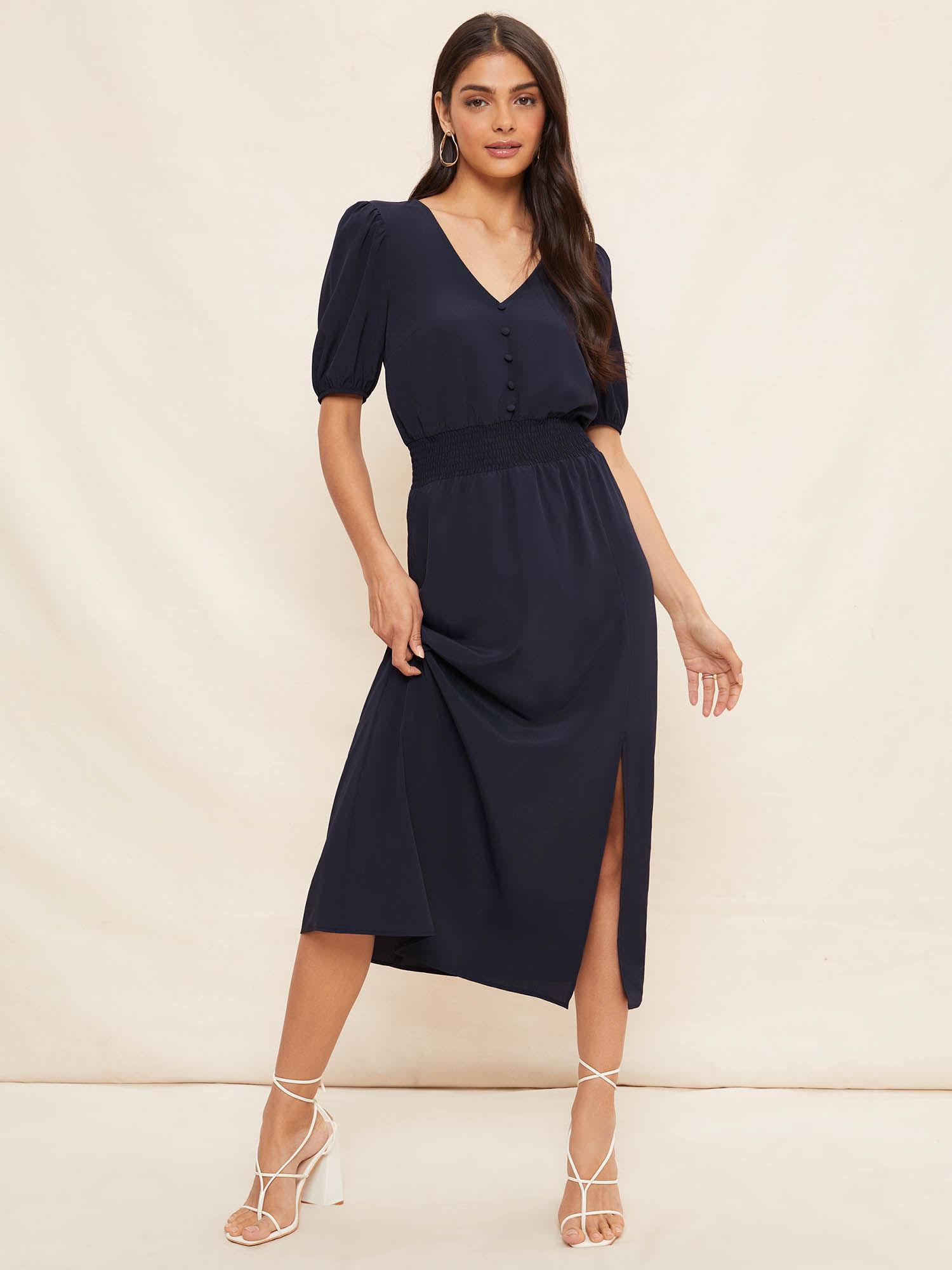 puff sleeves ruched waist v-neck midi summer dress-navy blue