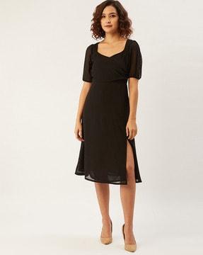 puff sleeves square-neck a-line dress