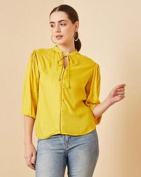 puff-sleeves top with neck tie-up