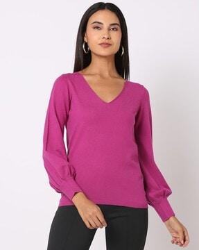 puff sleeves v-neck pullover