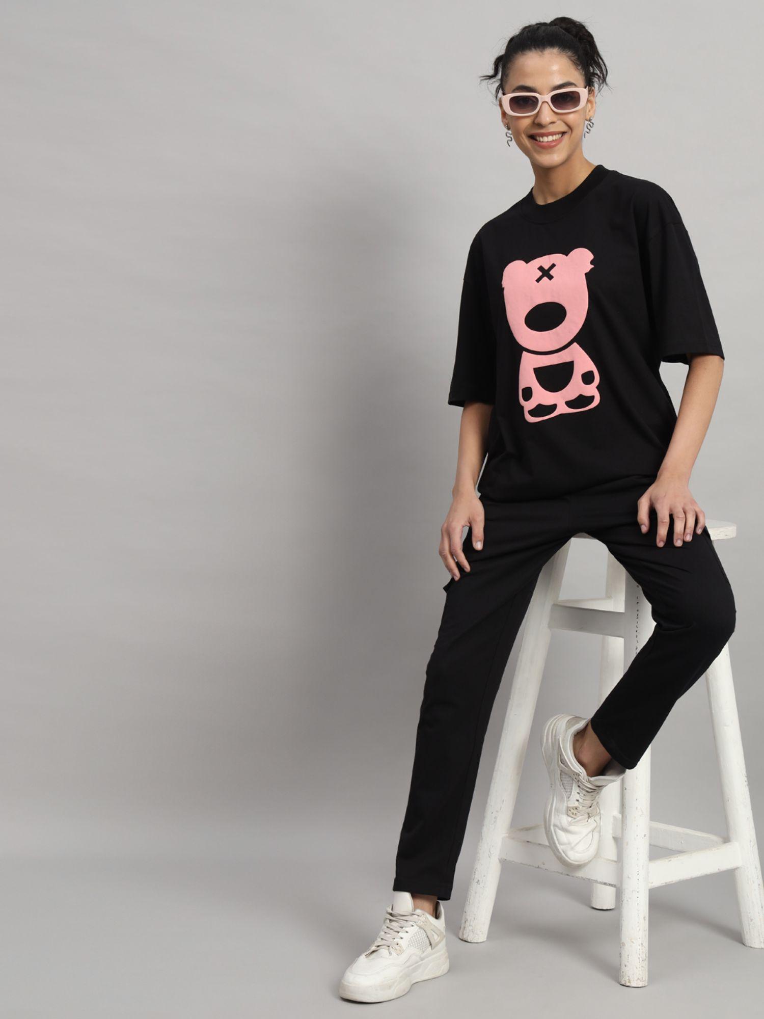 puff teddy two zero black & pink print t-shirt and trackpant (set of 2)