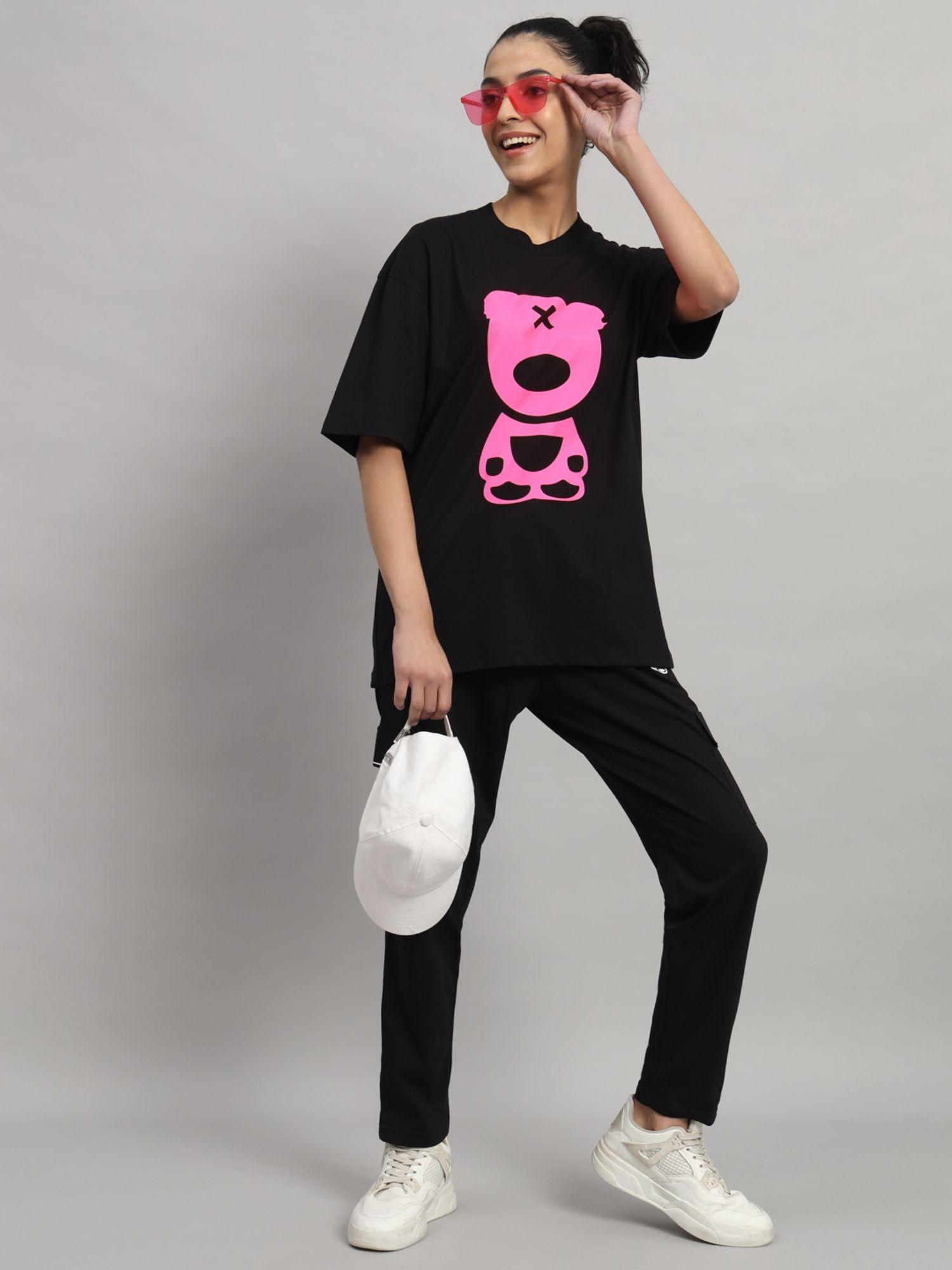 puff teddy two zero black & pink print t-shirt and trackpant (set of 2)