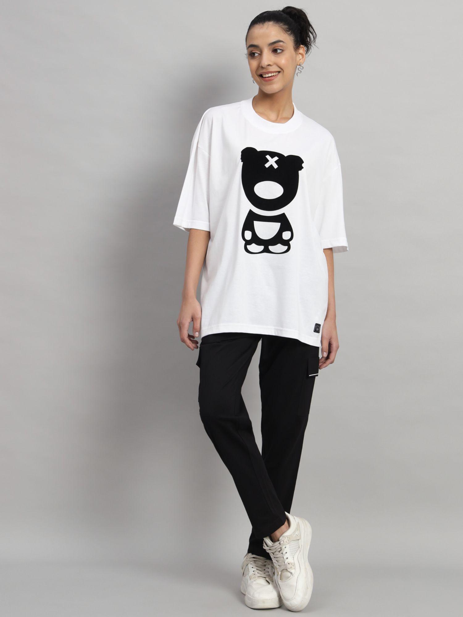 puff teddy two zero white & black print t-shirt and trackpant (set of 2)