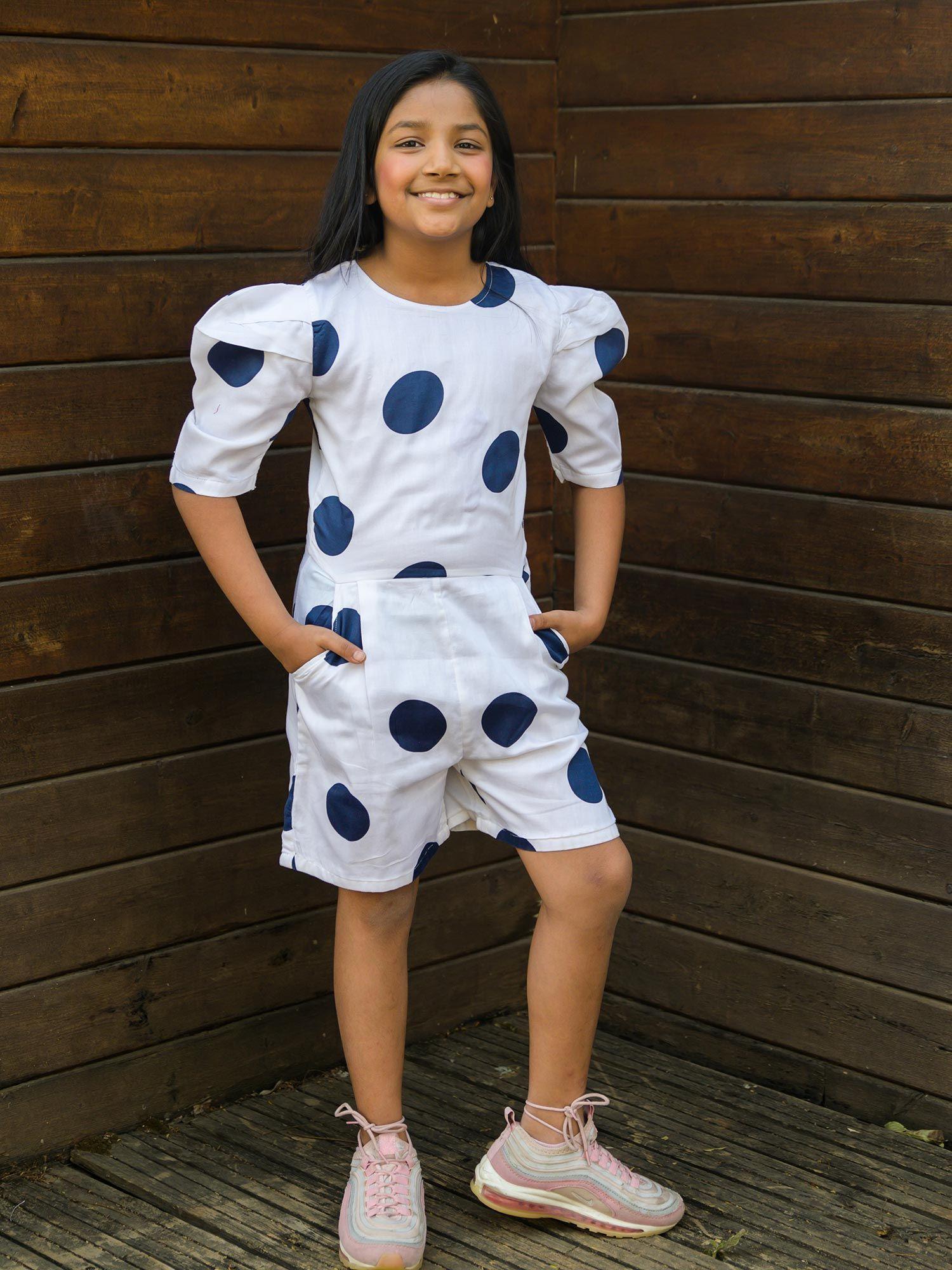 puffed sleeve blue polka dot short jumpsuit