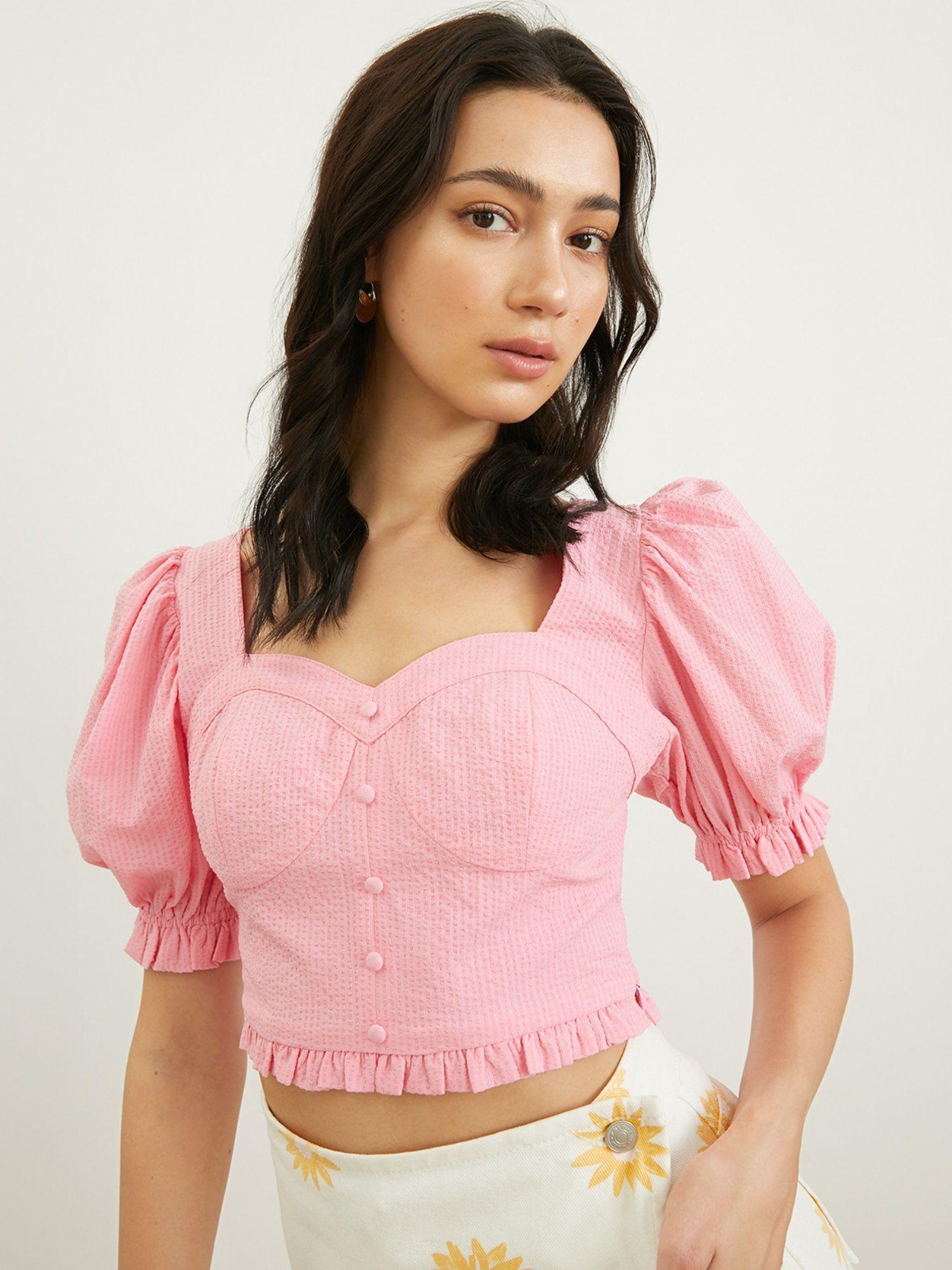 puffed sleeve fit blouse hot pink