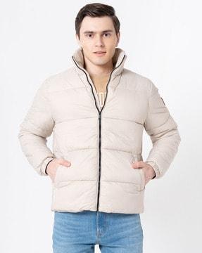 puffer jacket with front zip closure