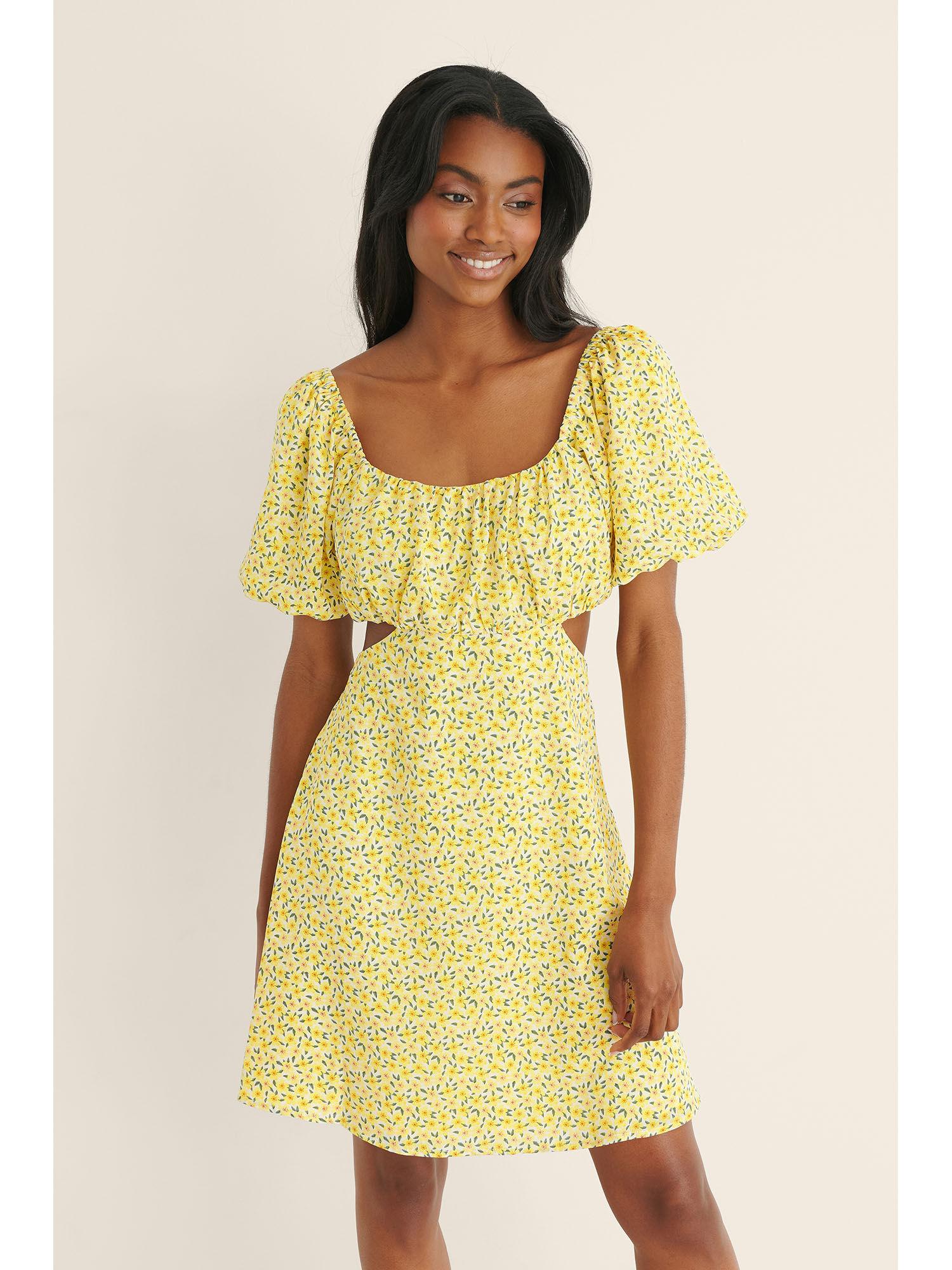 puffy sleeve ruched mini dress-yellow flower