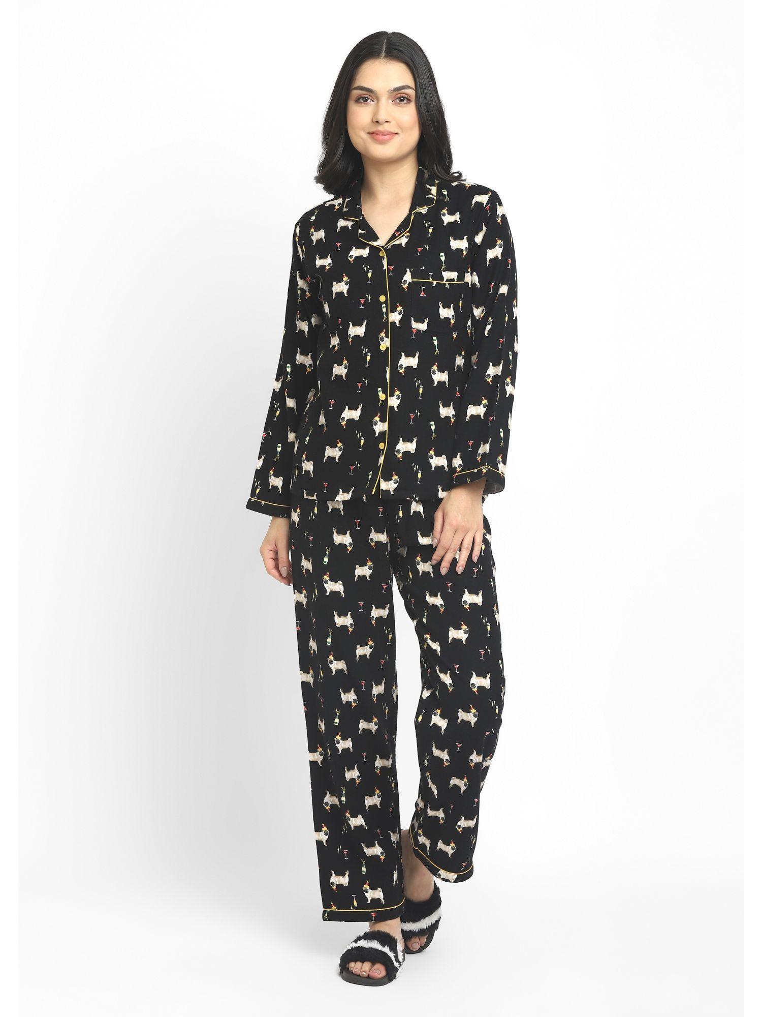 pug cheer print cotton flannel long sleeve women's night suit - black