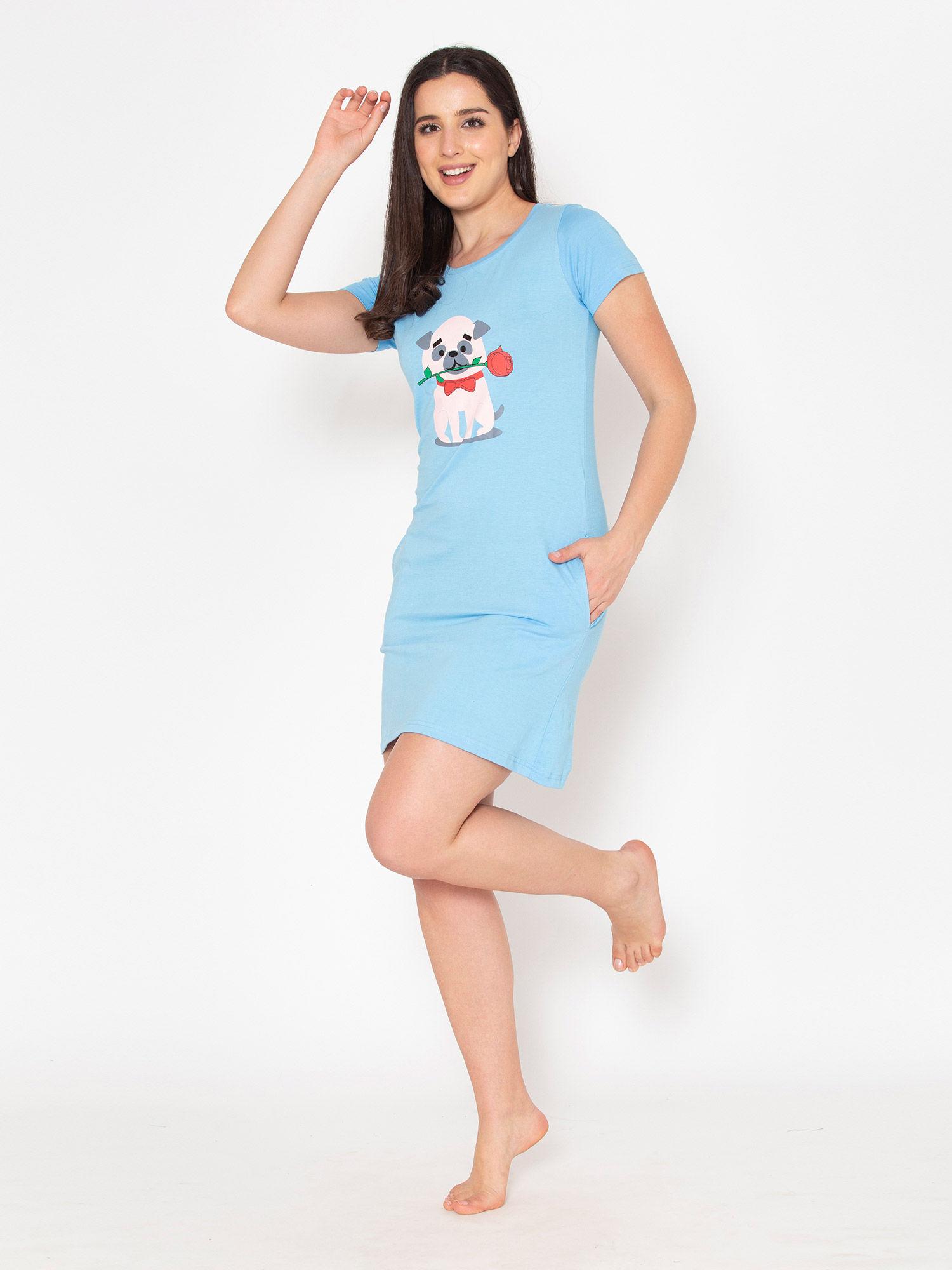 pug print short night dress in powder blue - 100percent cotton