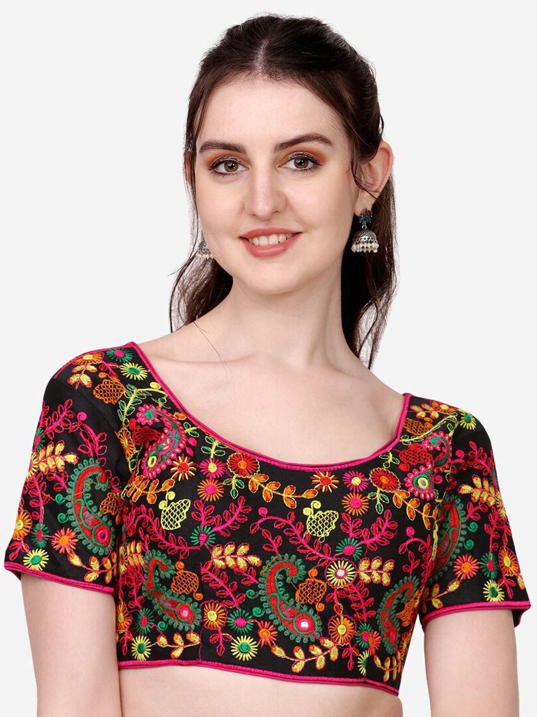 pujia mills black & orange embroidered silk saree blouse