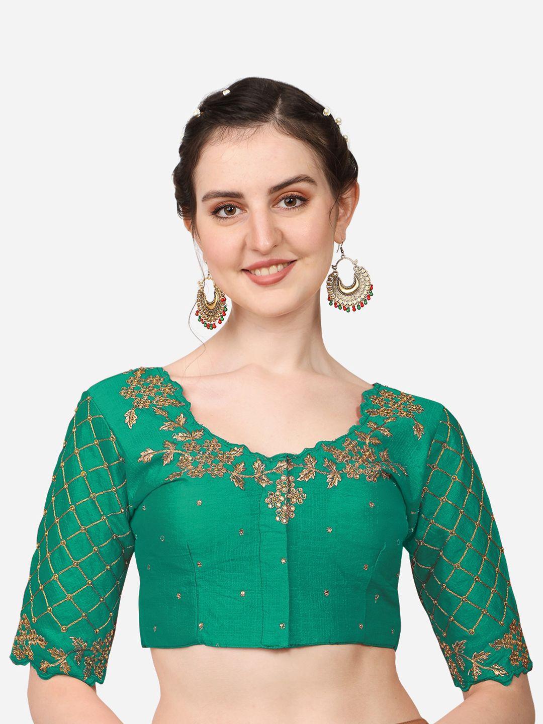pujia mills green embroidered silk readymade saree blouse