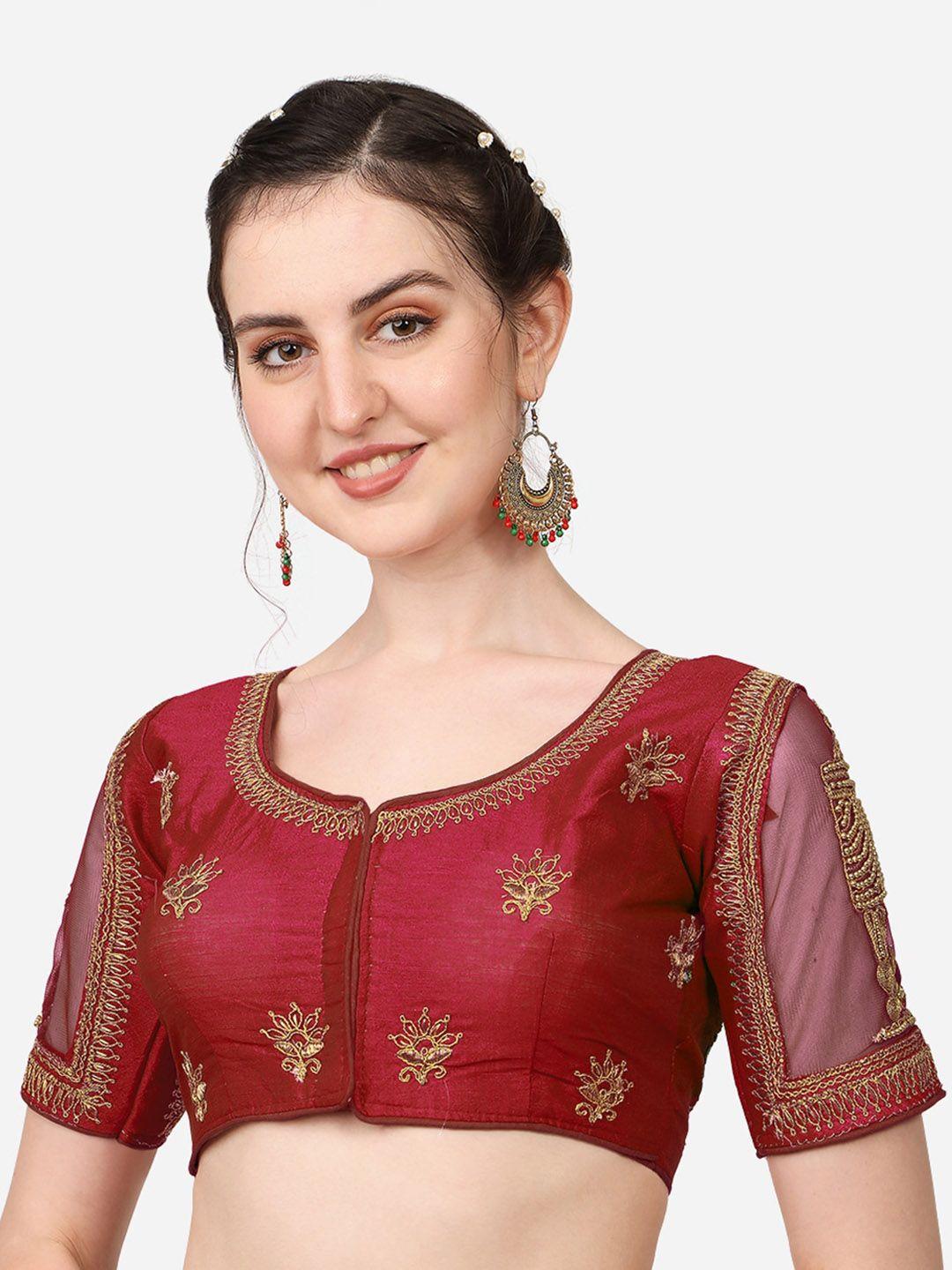 pujia mills maroon & gold-coloured embroidered saree blouse