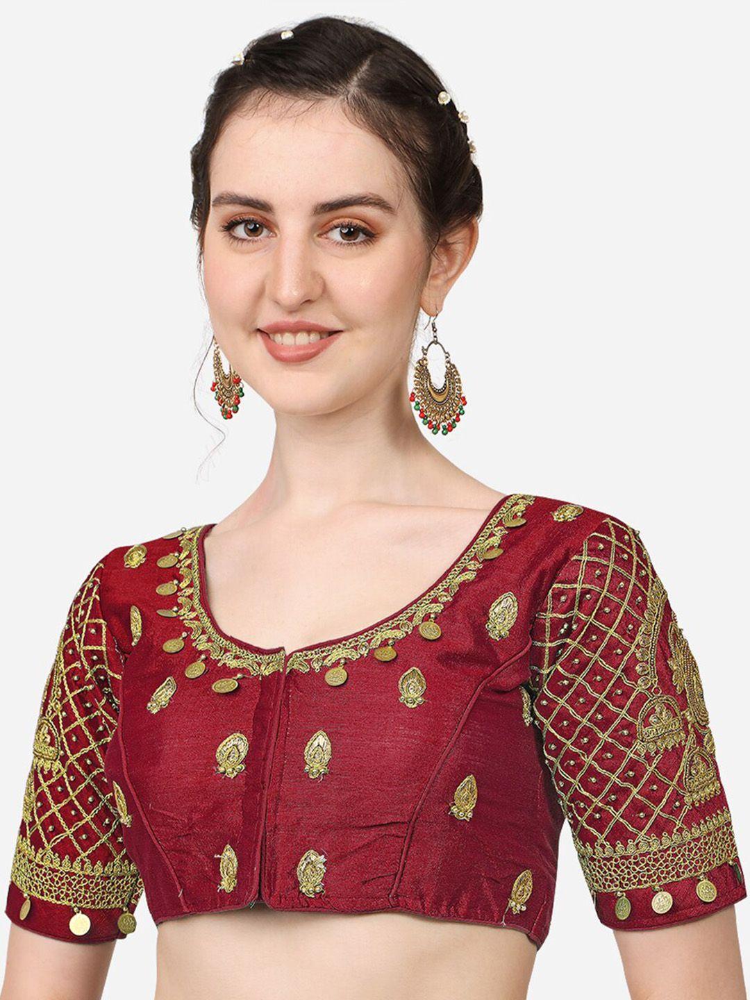 pujia mills maroon embroidered khatli work readymade saree blouse