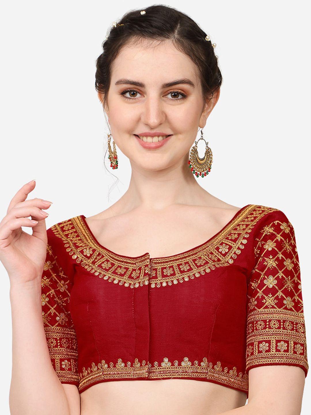 pujia mills maroon embroidered silk saree blouse