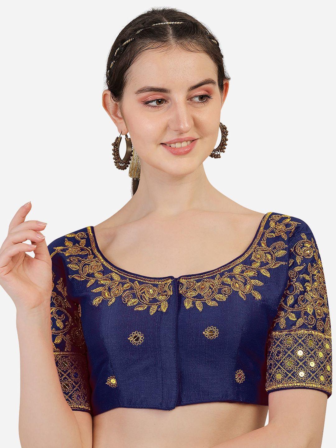 pujia mills navy blue & gold-coloured embroidered saree blouse