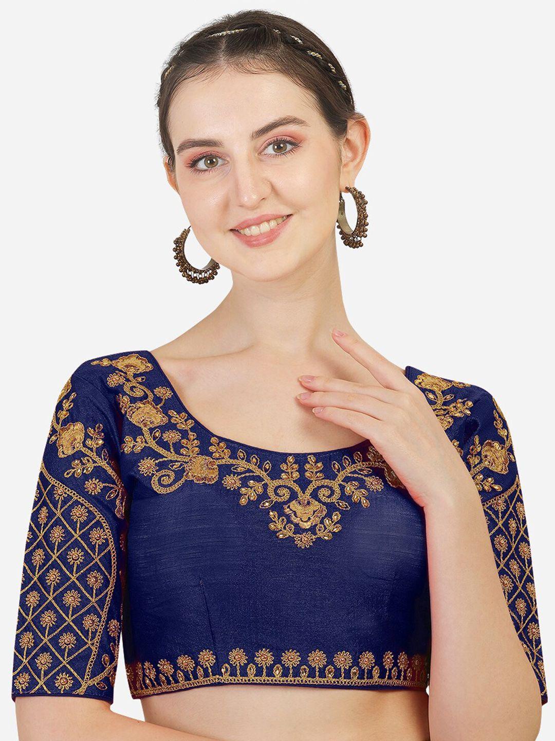 pujia mills navy-blue & gold-toned embroidered readymade silk saree blouse