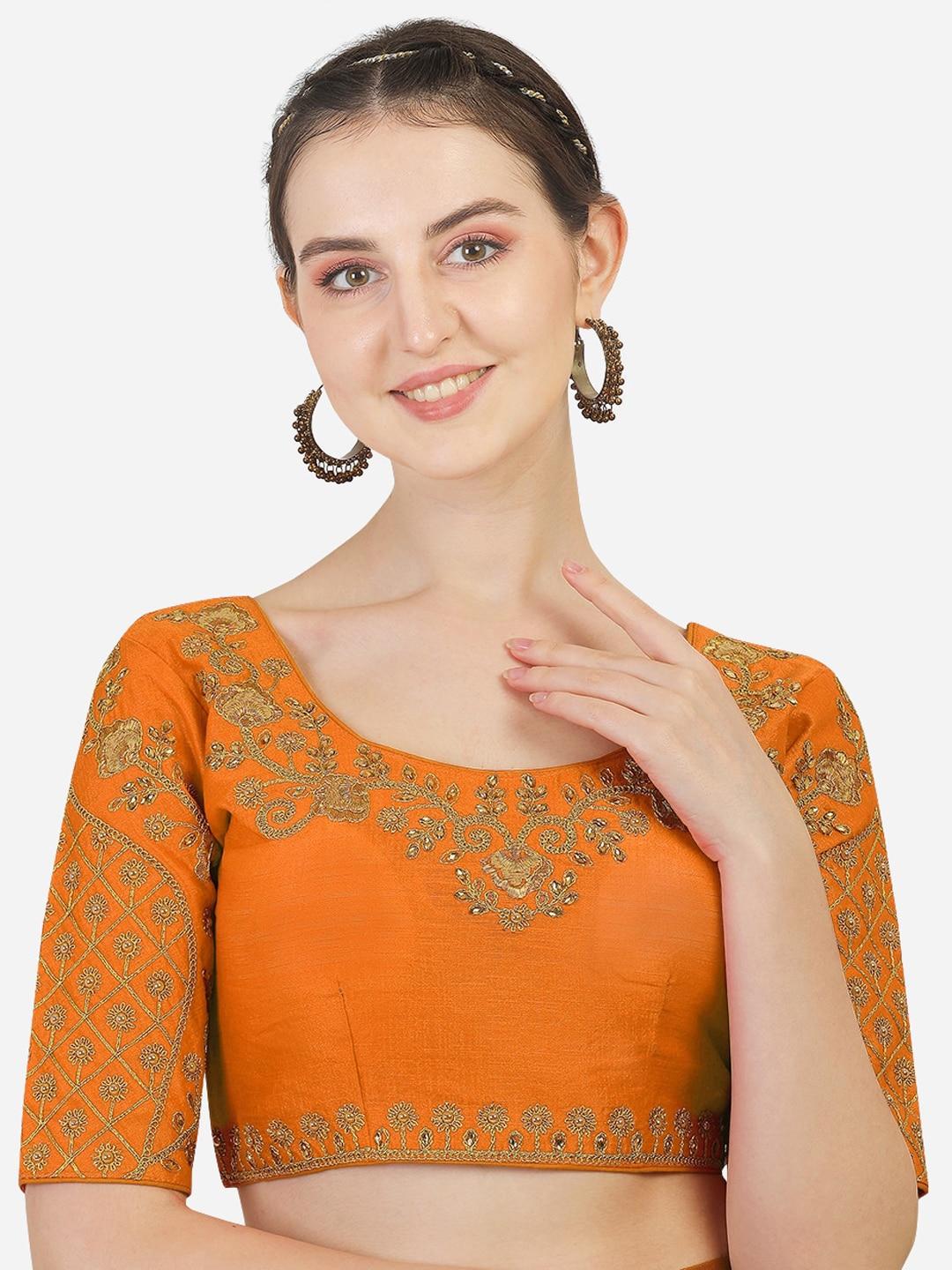 pujia mills orange-colored embroidered saree blouse