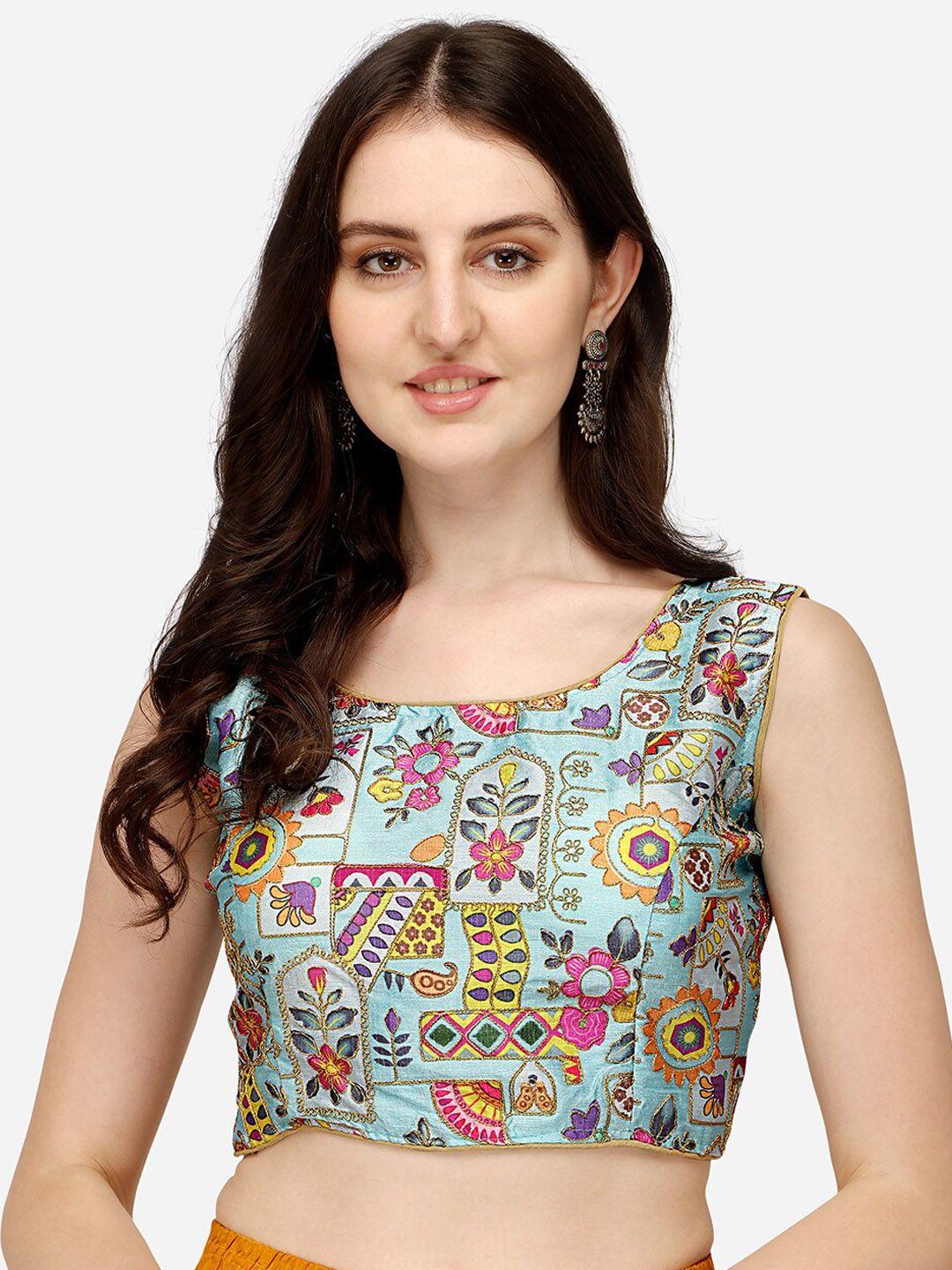 pujia mills sea green printed silk saree blouse