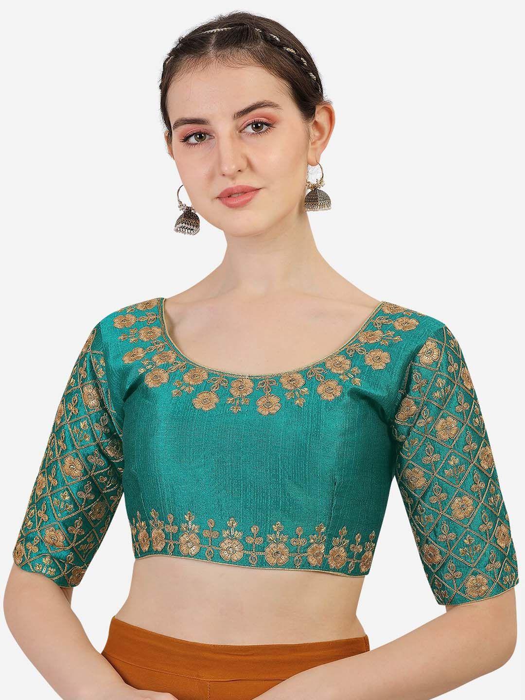 pujia mills teal-coloured embroidered padded saree blouse