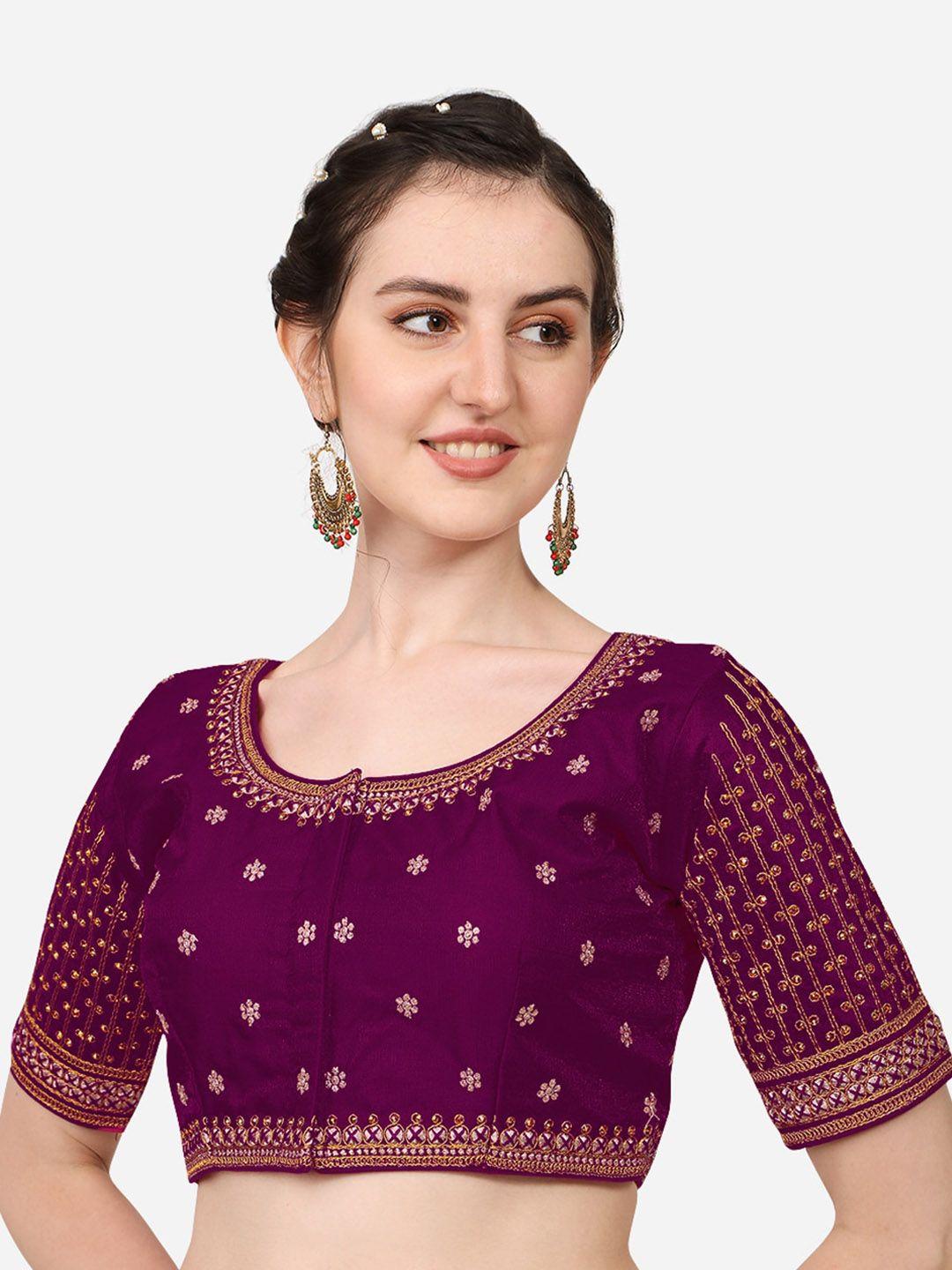 pujia mills violet & gold-toned embroidered silk saree blouse