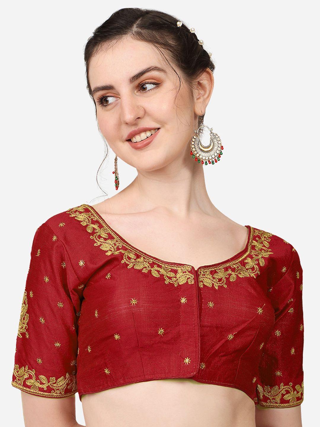 pujia mills women maroon embroidered readymade saree blouse