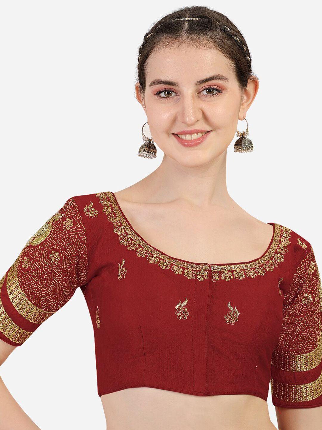 pujia mills women maroon embroidered silk saree blouse