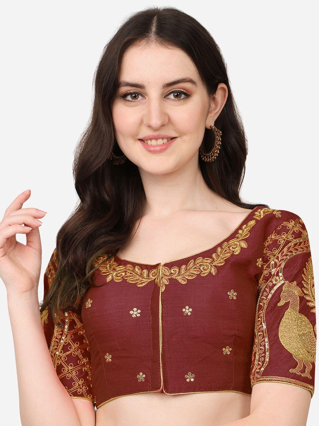 pujia mills women maroon embroidered silk saree blouse