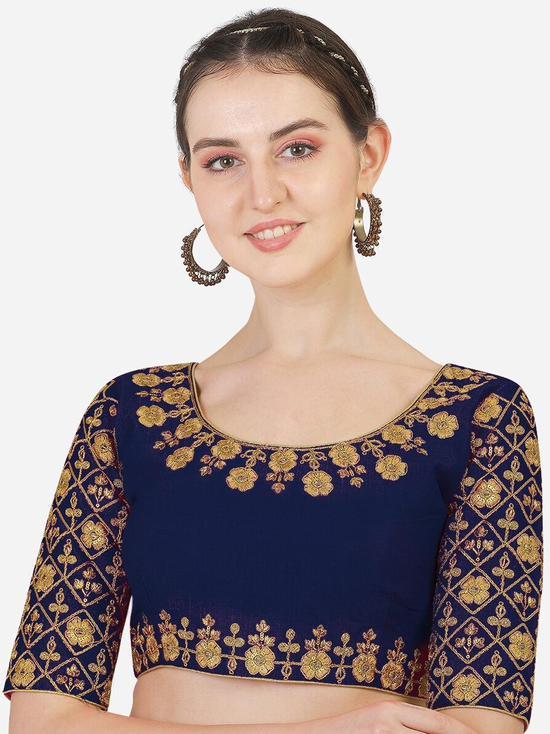 pujia mills women navy blue & gold-toned embroidered saree blouse