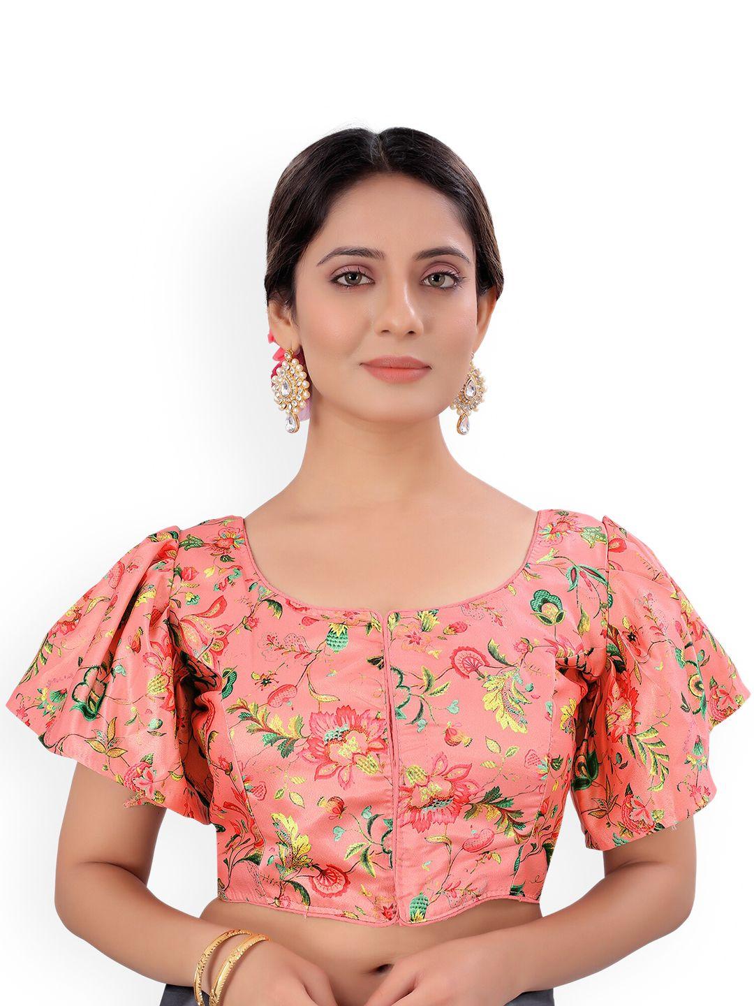 pujia mills women peach printed saree blouse