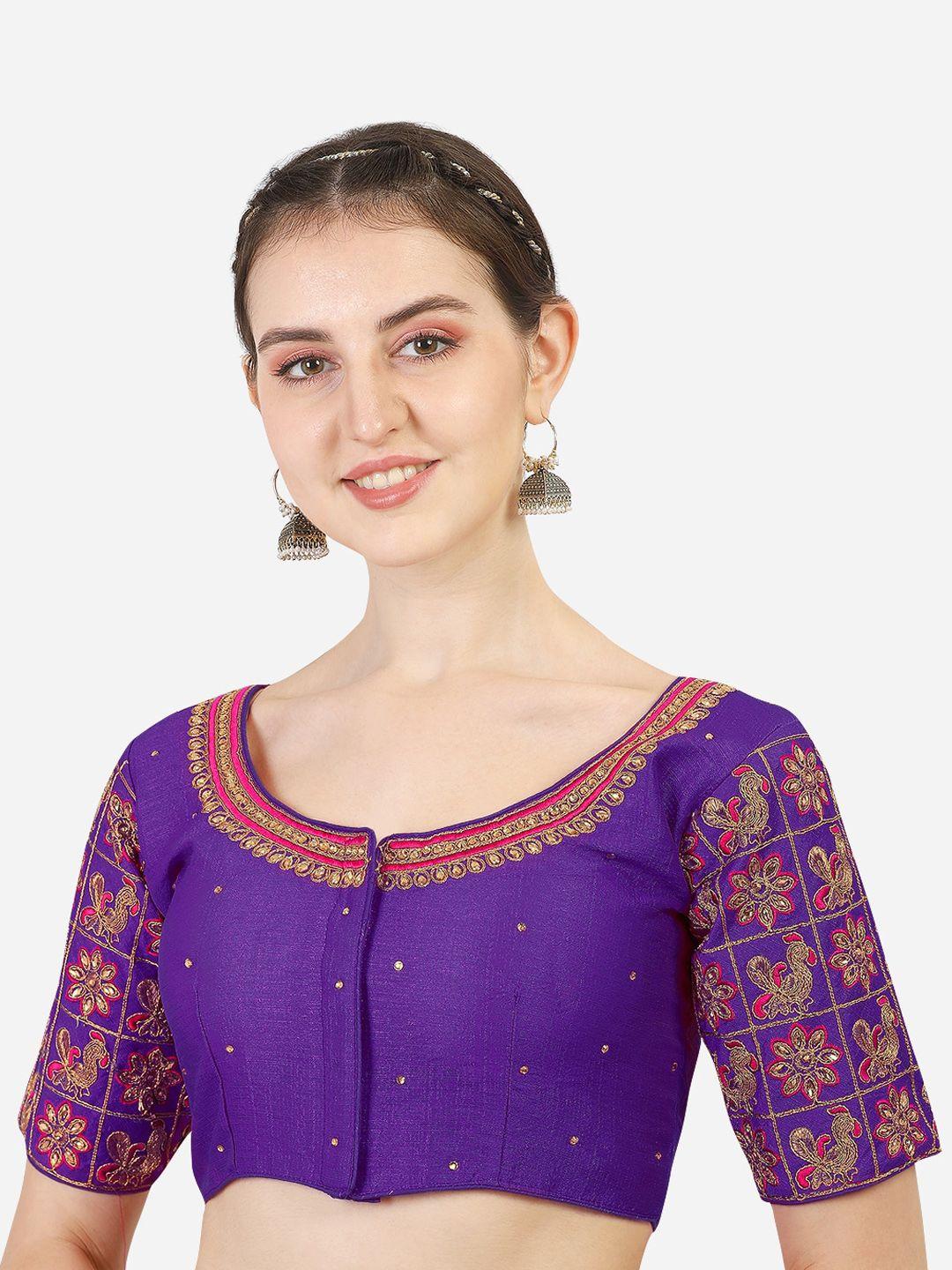 pujia mills women purple heavy embroidered silk saree blouse
