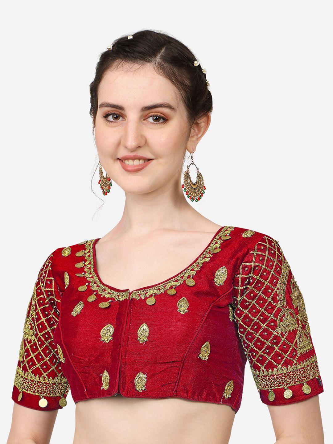 pujia mills women red & gold embroidered saree blouse