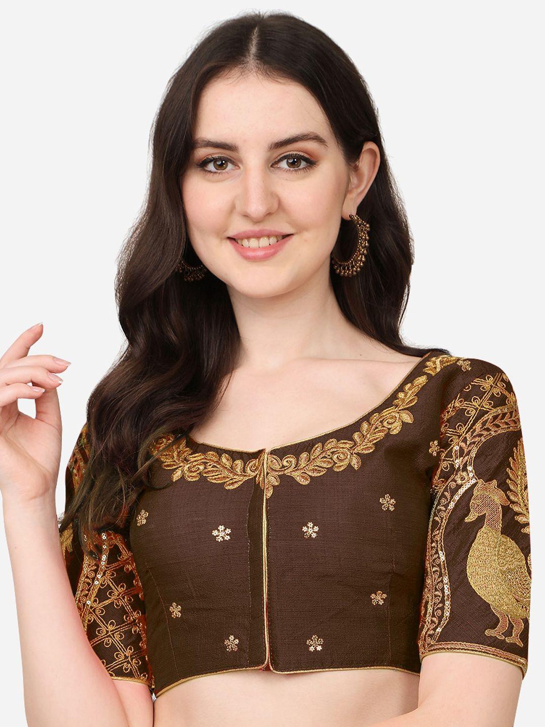 pujia mills  brown embroidered  saree blouse