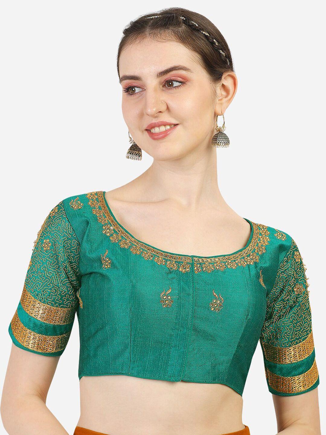 pujia mills  green & gold-toned embroidered saree blouse