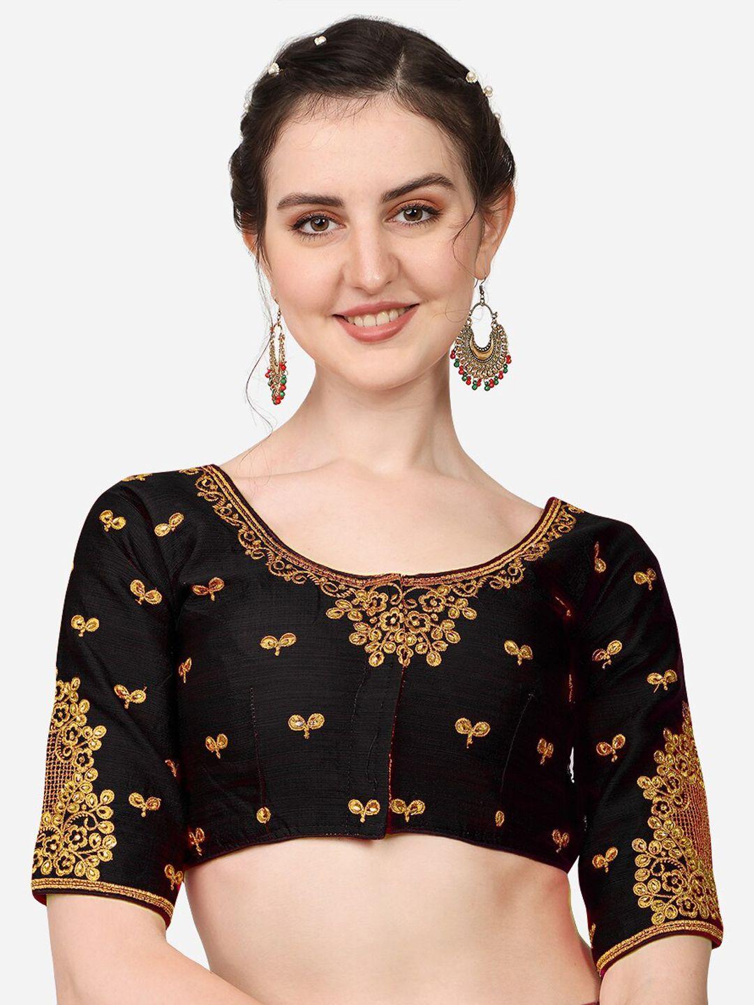 pujia mills black & gold-toned embroidered saree blouse