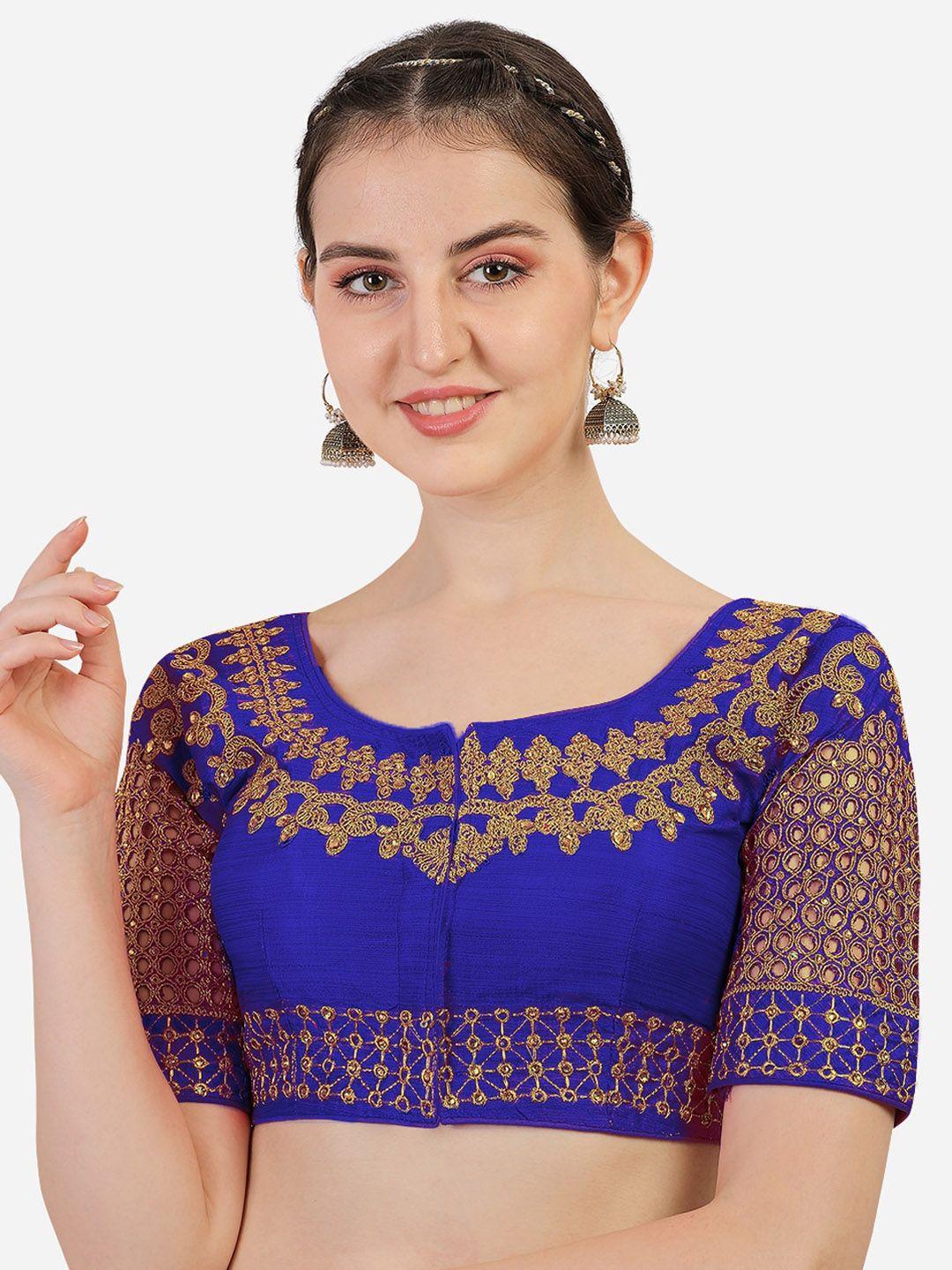 pujia mills blue & gold-toned embroidered saree blouse