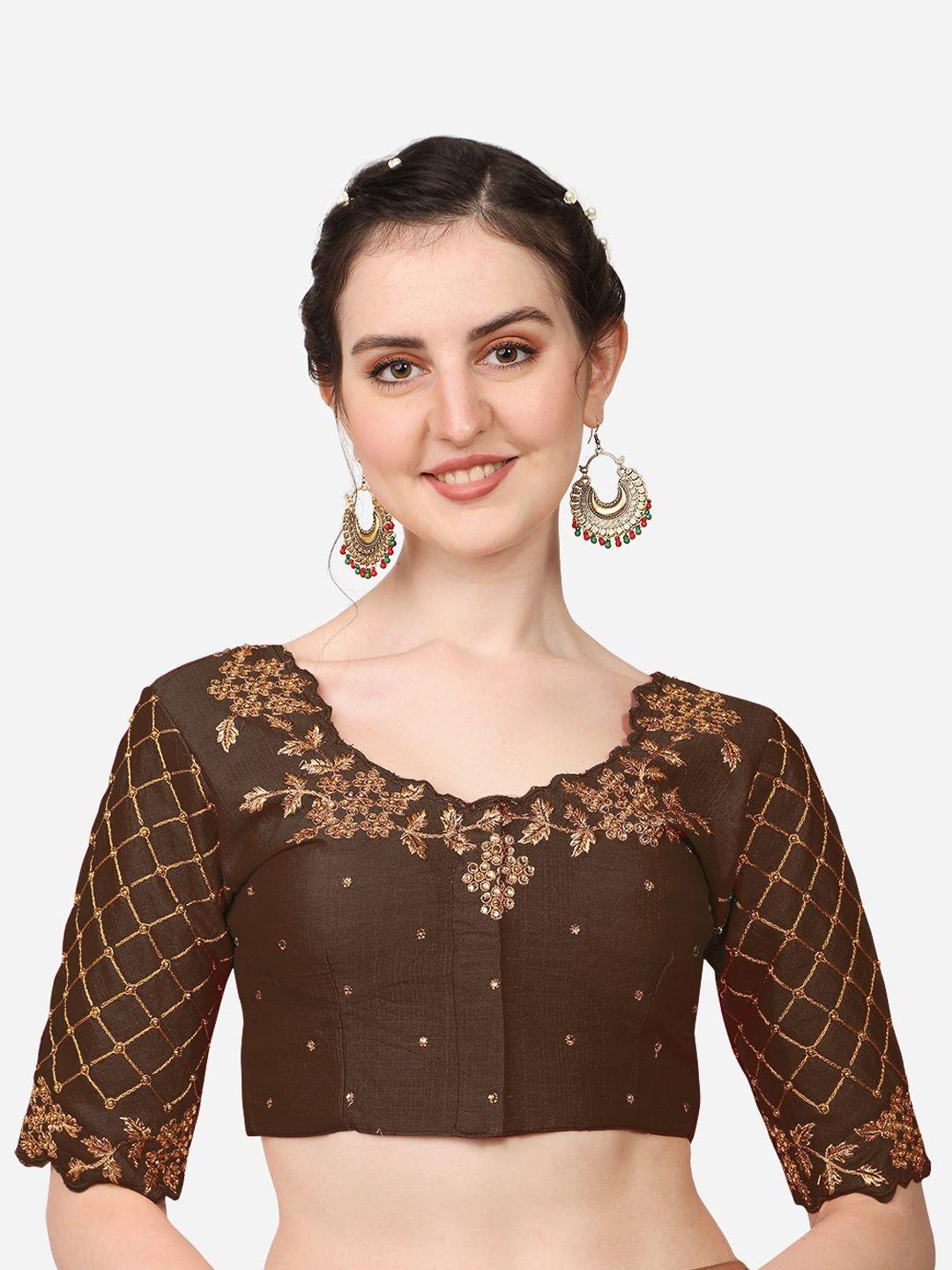 pujia mills brown embroidered silk saree blouse