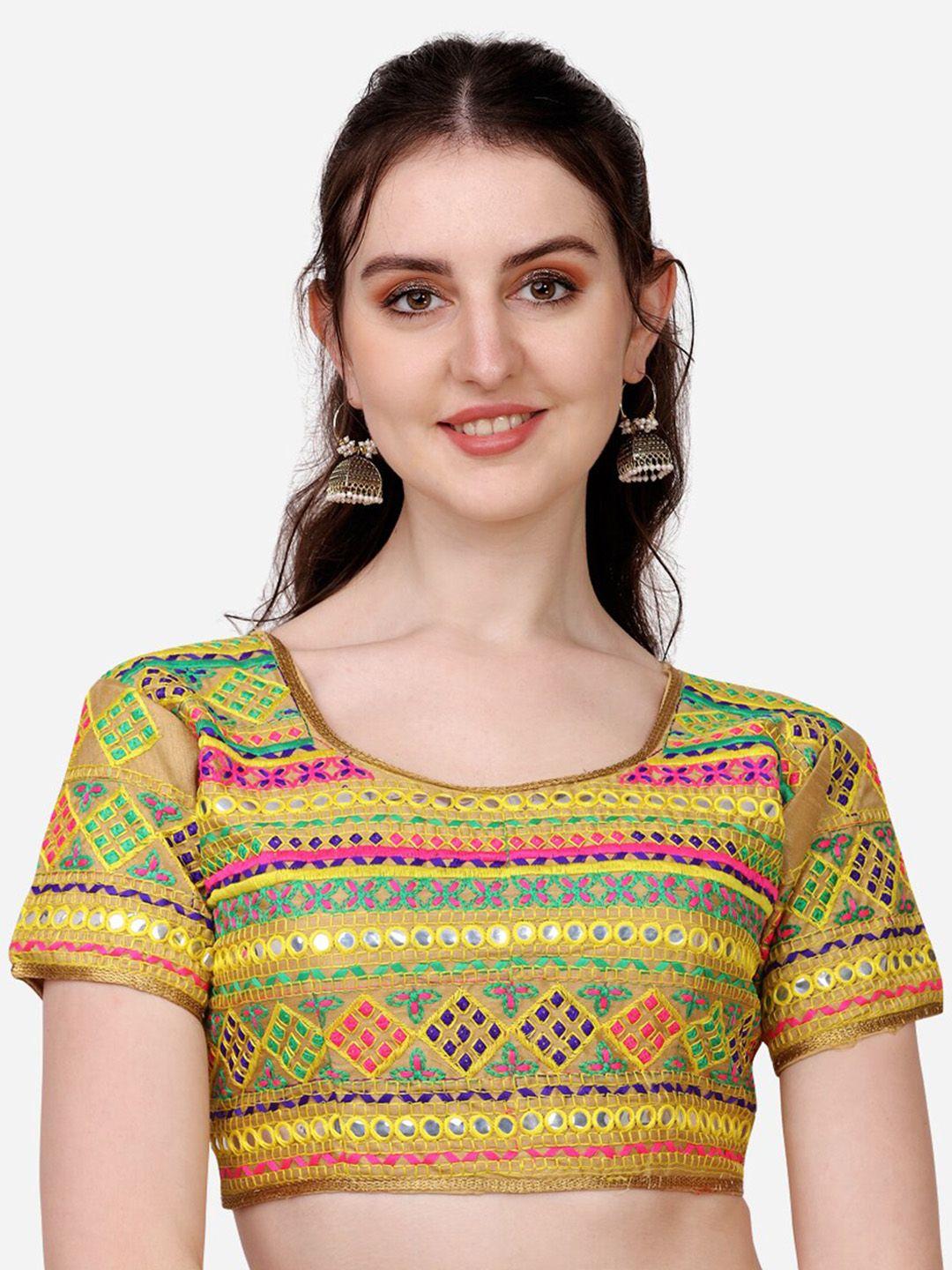 pujia mills gold-coloured embroidered padded saree blouse