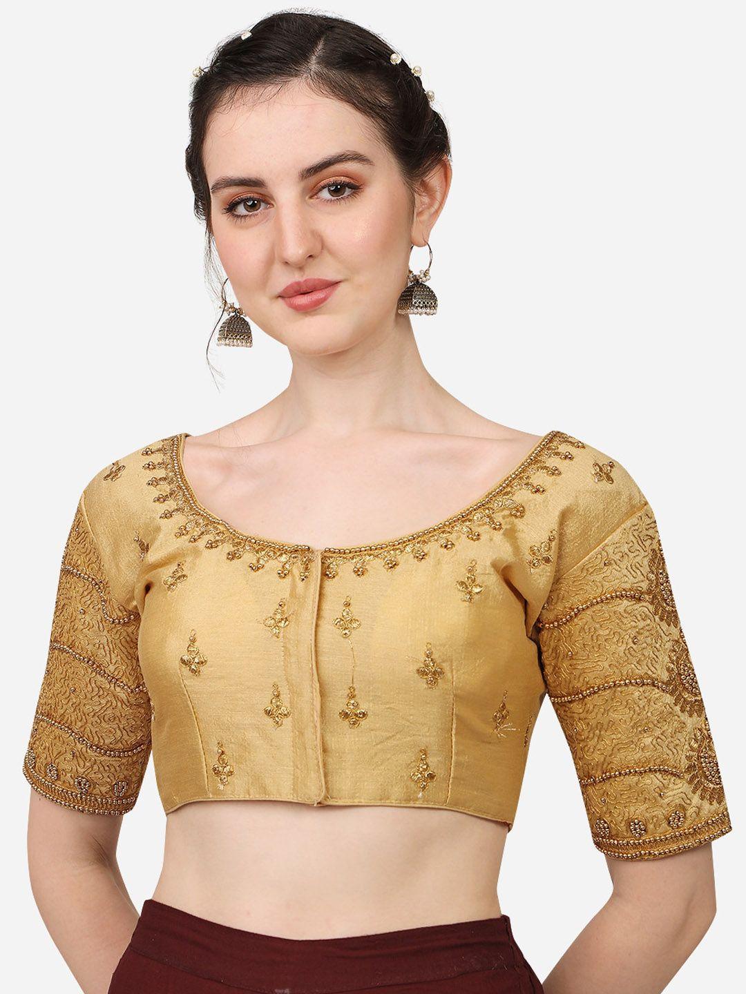 pujia mills gold-coloured embroidered readymade saree blouse